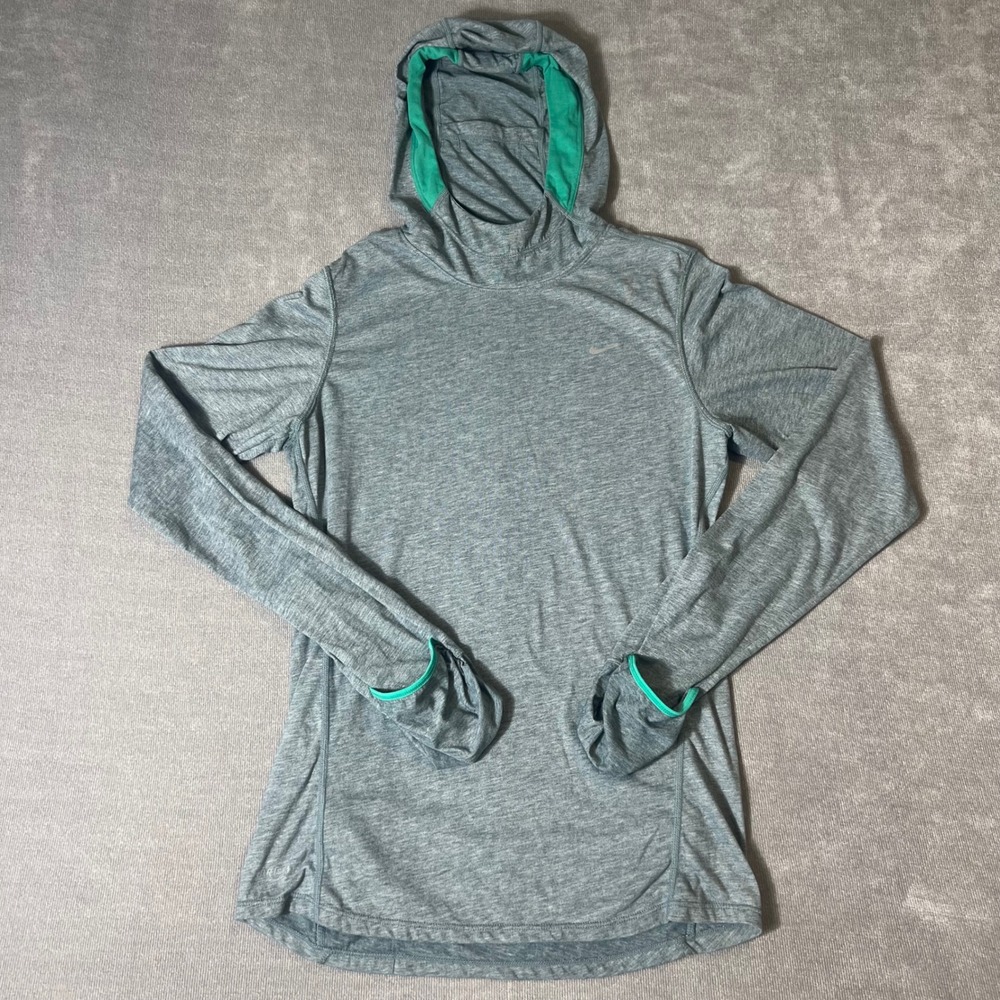 Nike Womens Dri-FIT Performance Running Hoodie Gray Teal Thumbhole Size S
